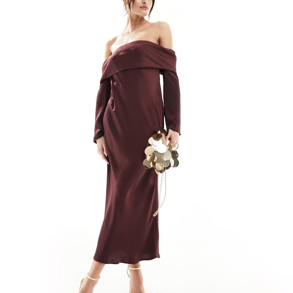 ASOS DESIGN satin bardot layered midi dress with long sleeves in wine